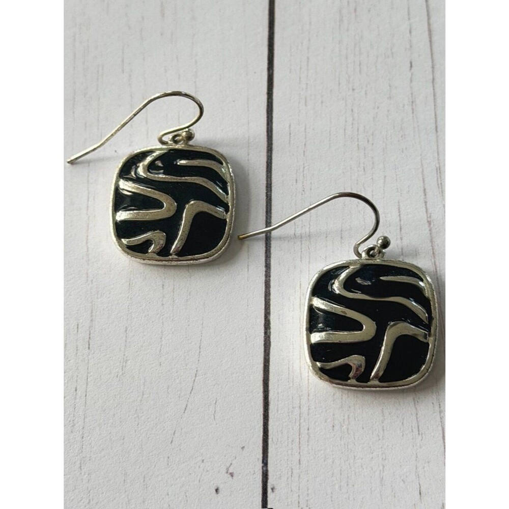 Modern Black Enamel Wave Square Drop Earrings
